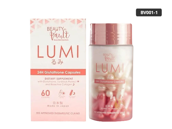 Beauty Vault Lumi 24H Glutathione 60 Capsules - skin whitening and antioxidant supplement for radiant, even-toned, and young skin.