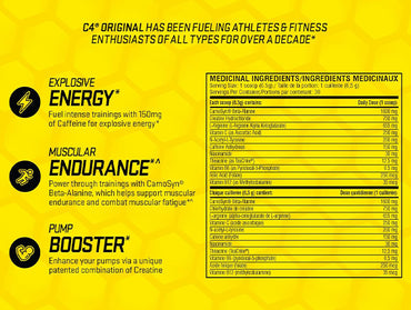 Cellucor C4 Original Pre-Workout Fruit Punch which contains caffeine, beta-alanine and creatine for increasing your focus and performance.