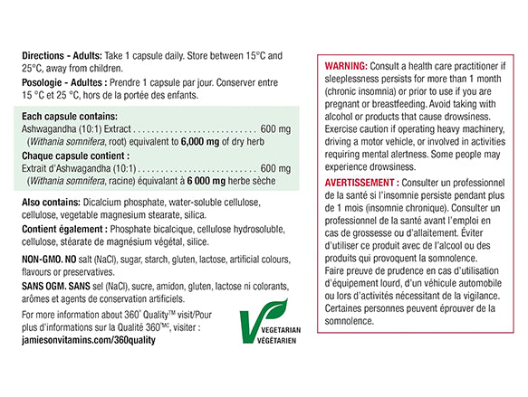 Jamieson Ashwagandha 6000 mcg is a stress relief and mood support supplement that also decreases anxiety.