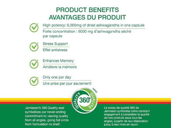 Jamieson Ashwagandha 6000 mcg is a stress relief and mood support supplement that also decreases anxiety.