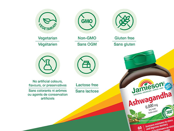 Jamieson Ashwagandha 6000 mcg is a stress relief and mood support supplement that also decreases anxiety.