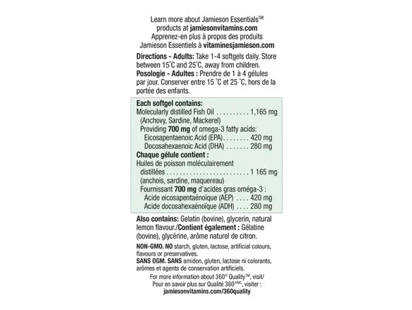 Jamieson Omega-3 Extra Strength 700mg No Fishy Aftertaste - 100 Softgels Bottle - Heart and Brain Health Supplement | Buy in Sri Lanka at SupplementVault.lk