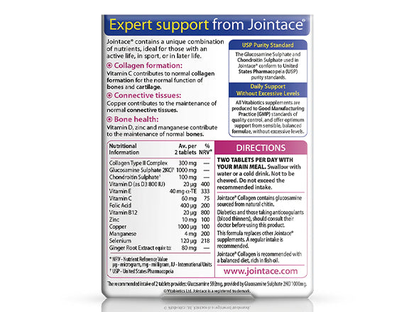 Jointace Vitabiotics Collagen 30 Tablets provides benefits for joints and cartilage because it contains collagen, vitamins and minerals