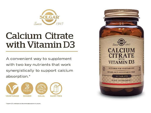 Solgar Calcium Citrate with Vitamin D3 60 Tablets – helps boost your bone health by including absorbed calcium and vitamin D3 for better use of calcium by the body.