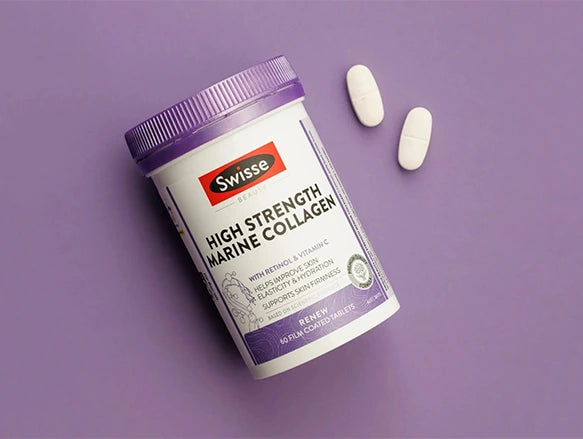 Swisse Beauty High Strength Marine Collagen with Retinol & Vitamin C in Sri Lanka Helps to Improve Skin Elasticity & Hydration and Supports Skin Firmness.