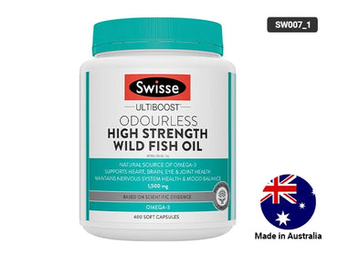 Swisse Ultiboost Odourless High Strength Wild Fish Oil 1500mg – 400 Capsules promotes health of the heart, brain, joints and eyes.