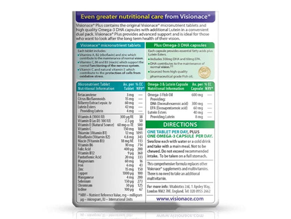 Visionace Plus 56 Tablets provides Omega-3, lutein and antioxidants needed for strong vision and healthy retinas.