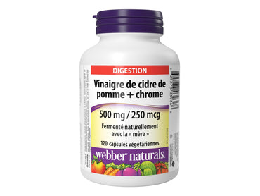 A white plastic bottle of Webber Naturals 'Vinaigré de cidre de pomme + chrome' digestion supplement with a purple cap and a yellow, purple, and red label, shown on a plain white background.