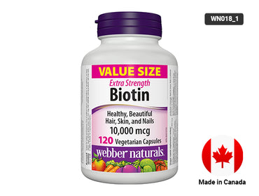 Webber Naturals Biotin Extra Strength 10,000 mcg 120 Capsules – supports healthy hair, skin and nails with its high-potency biotin.