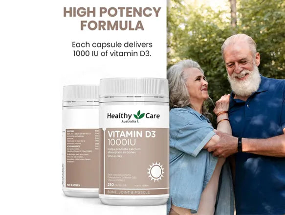 Healthy Care Vitamin D3 1000IU 250 Capsules supply a high amount of vitamin D that helps support bones, the immune system and calcium absorption.
