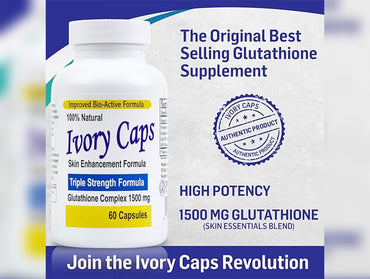 Ivory Caps Maximum Potency 1500mg Glutathione Skin Whitening Complex – Brightens and Evens Skin Tone, 60 Capsules