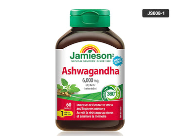 Jamieson Ashwagandha 6000 mcg is a stress relief and mood support supplement that also decreases anxiety.