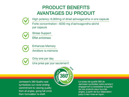 Jamieson Ashwagandha 6000 mcg is a stress relief and mood support supplement that also decreases anxiety.