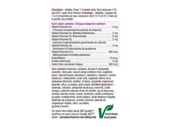 Jamieson Chewable Vitamin B Complex 90 Tablets – Supports Energy Production and Healthy Metabolism with Berry Bliss Flavor