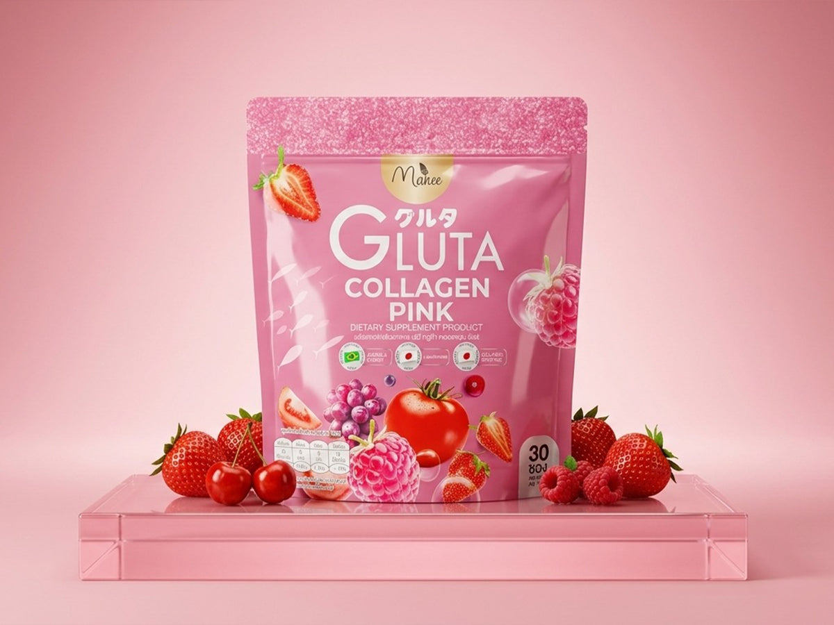A pink stand-up pouch of Maceen Gluta Collagen Pink dietary supplement, displayed on a pink acrylic riser with fresh strawberries and raspberries around it against a solid pink background.