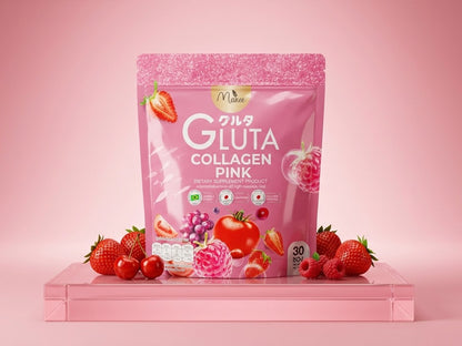 A pink stand-up pouch of Maceen Gluta Collagen Pink dietary supplement, displayed on a pink acrylic riser with fresh strawberries and raspberries around it against a solid pink background.