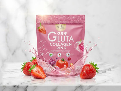 A stand-up pouch of M-Maxx Gluta Collagen Pink in strawberry flavor, displayed on a white marble surface with fresh strawberries and a pink liquid splash graphic in the foreground.