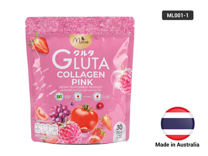 A pink stand-up pouch of Marie Gluta Collagen Pink dietary supplement, featuring illustrations of strawberries, raspberries, and a tomato on the front. The image includes a black label reading 'ML001-1' at the top right and a 'Made in Australia' flag graphic at the bottom right, all on a white background.