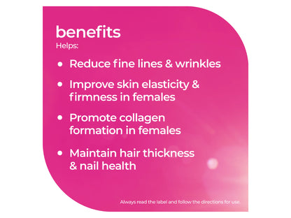 A pink informational graphic with the heading 'benefits' and bullet points listing skin and hair benefits: reduce fine lines and wrinkles, improve skin elasticity and firmness in females, promote collagen formation in females, and maintain hair thickness and nail health.