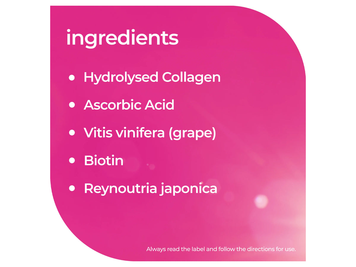 A pink graphic card with rounded corners on a white background, titled 'ingredients' and listing collagen, ascorbic acid, vitis vinifera (grape), biotin, and Reynoutria japonica in white text.