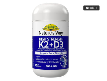 Nature's Way High Strength K2+D3 supplement bottle on a white background, with a black NT030-1 label overlay in the top right corner.