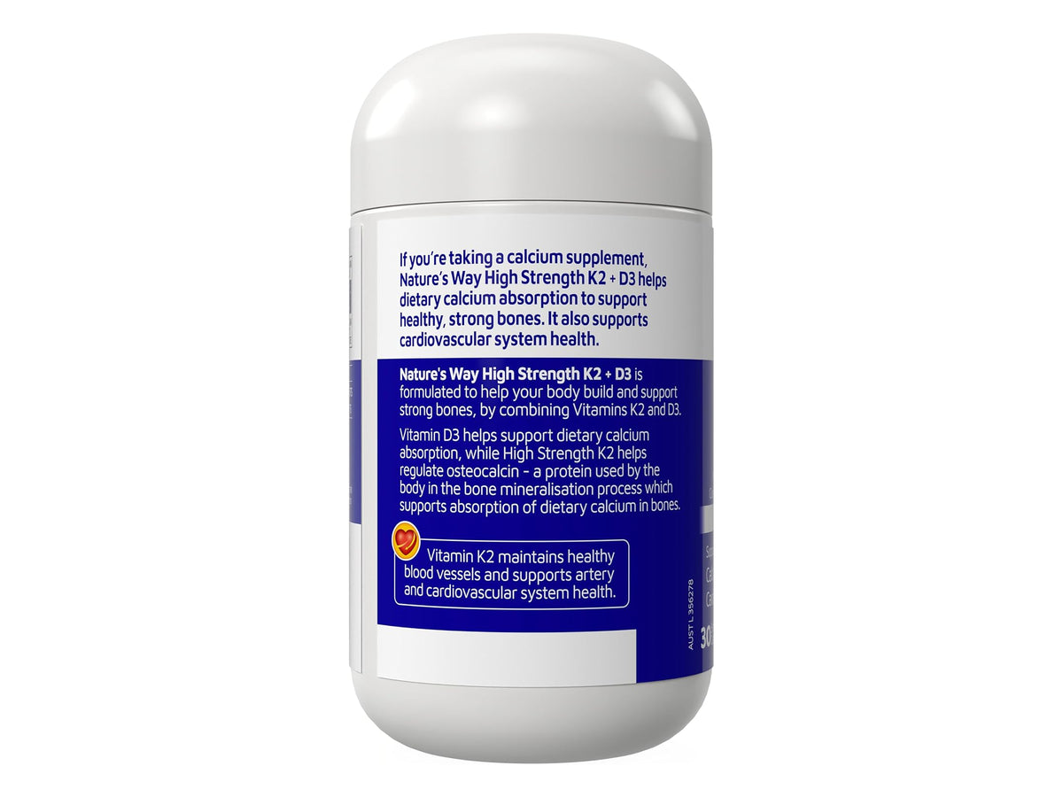 A white plastic bottle of Nature's Way High Strength K2 + D3 dietary supplement, featuring a blue and white label with text and a small yellow sun icon.