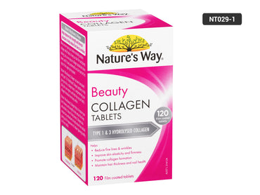 Nature's Way Beauty Collagen Tablets box, featuring a white and bright pink packaging design with a yellow tree logo, shown on a plain white background with a black NT029-1 label overlay in the top right.