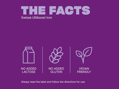A purple informational graphic with the heading 'THE FACTS' and 'Swisse Ultiboost Iron' at the top. Below, three white line icons with text read 'NO ADDED LACTOSE,' 'NO ADDED GLUTEN,' and 'VEGAN FRIENDLY.