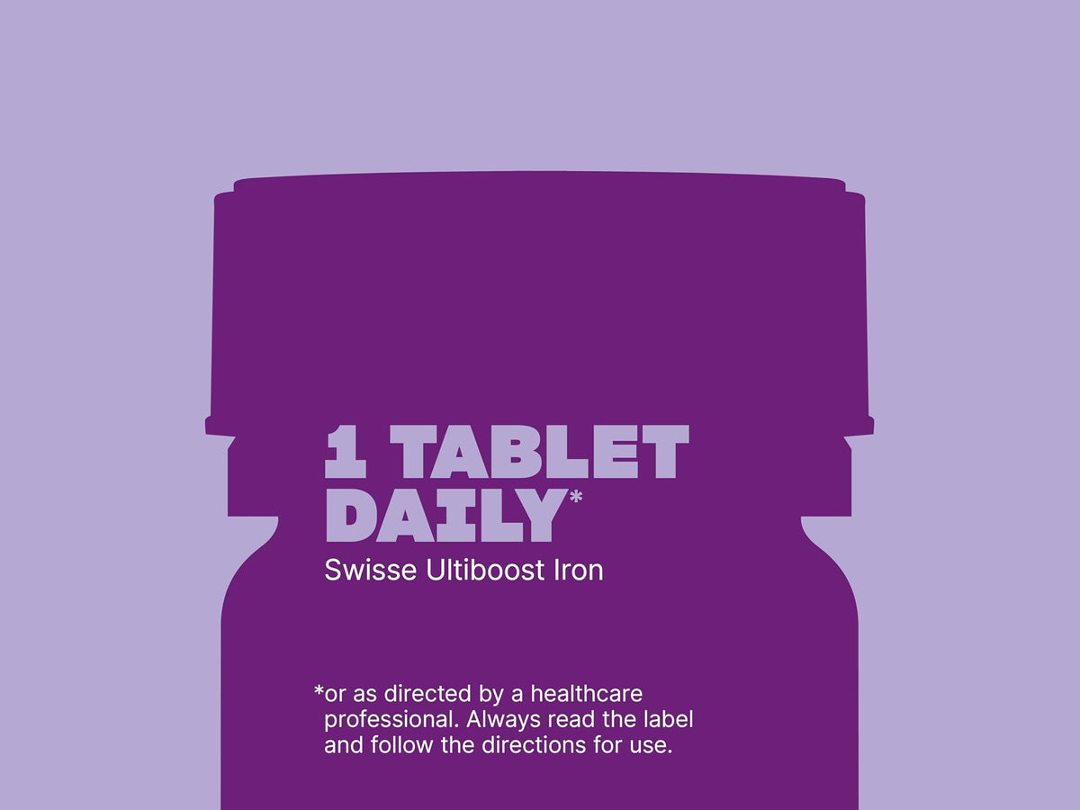 Purple bottle-shaped graphic with white text reading '1 TABLET DAILY' and 'Swisse Ultiboost Iron' on a matching light purple background.