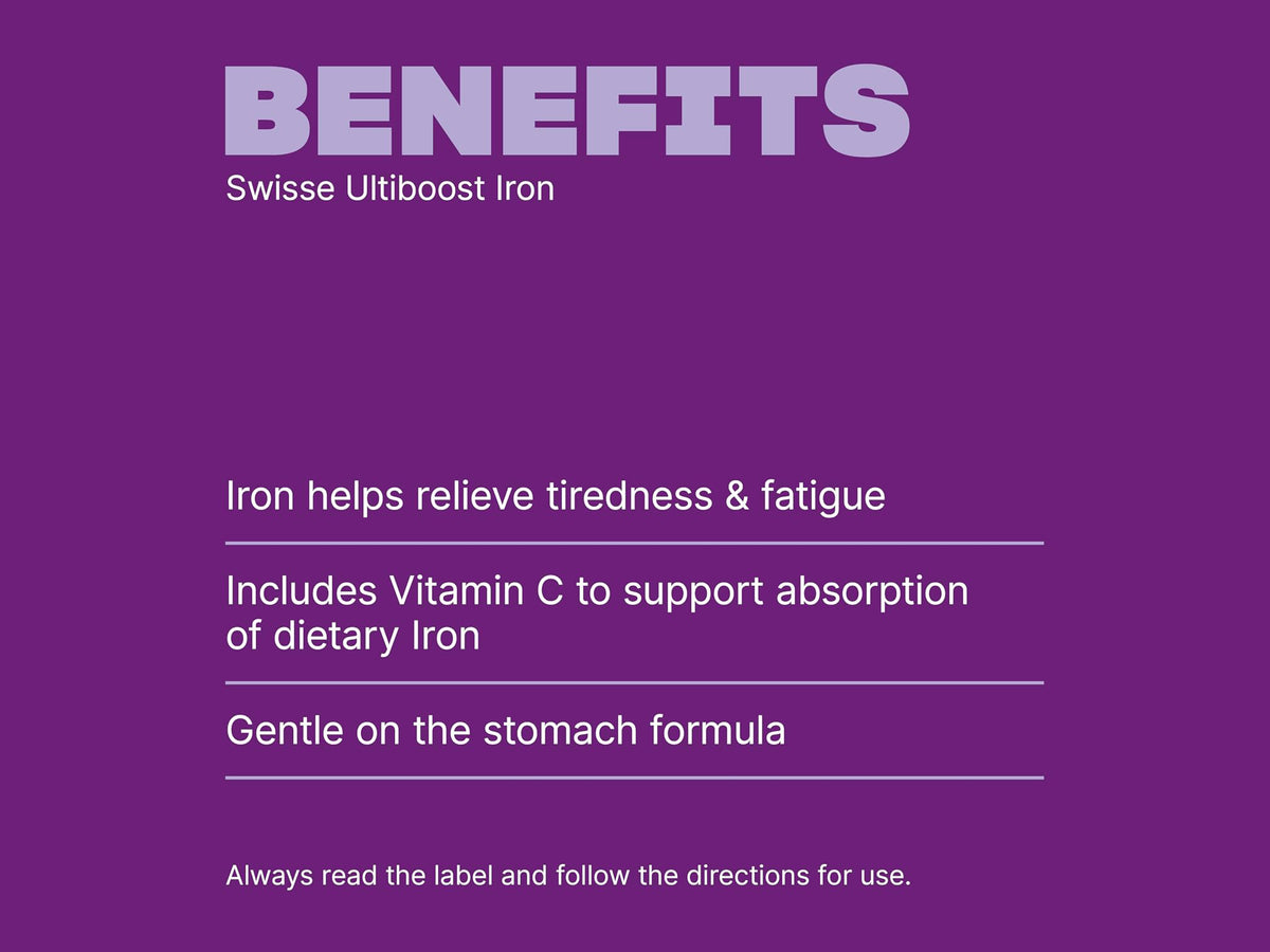 A purple informational graphic with the heading 'BENEFITS' and white text listing product benefits for Swisse Ultiboost Iron, including relief of tiredness and fatigue, vitamin C support for iron absorption, and gentle stomach formula.