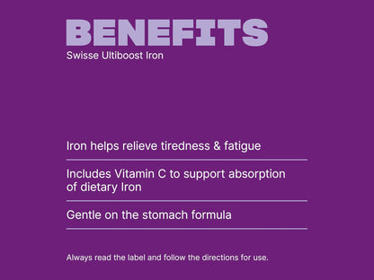 A purple informational graphic with the heading 'BENEFITS' and white text listing product benefits for Swisse Ultiboost Iron, including relief of tiredness and fatigue, vitamin C support for iron absorption, and gentle stomach formula.