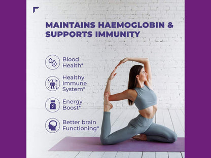 A promotional graphic with a woman in gray athletic wear performing a yoga pose on a purple mat, alongside text claiming benefits for hemoglobin, immunity, blood health, and energy. The design has purple side bars and a white brick wall background.