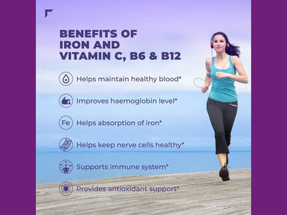 An informational graphic with a woman jogging on a wooden boardwalk by the sea, alongside text listing benefits of iron and vitamin C, B6, and B12. The graphic has a purple border and a light blue-to-purple gradient background.
