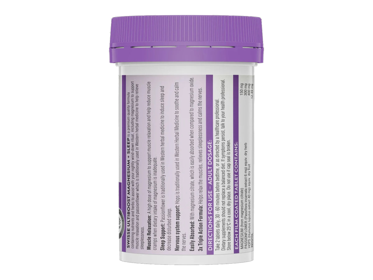 A white plastic supplement bottle with a purple cap, showing the back label with text and purple accents on a white background.