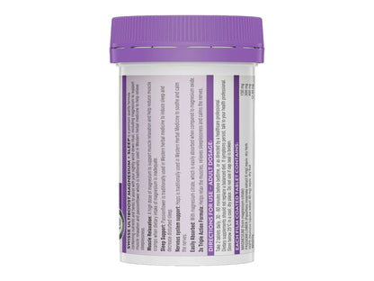 A white plastic supplement bottle with a purple cap, showing the back label with text and purple accents on a white background.