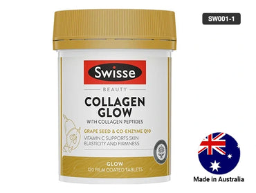 Swisse Beauty Collagen Glow with Collagen Peptides, Grape Seed & Co-enzyme Q10 Is a Premium Quality Formula  Supports Skin Elasticity and Firmness.