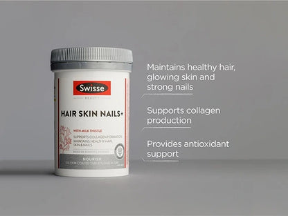 Swisse Beauty Hair Skin Nails+ 100 Tablets Is a Premium Quality Beauty Supplement to Support Collagen Formation, Maintains Healthy Hair, Skin & Nails.