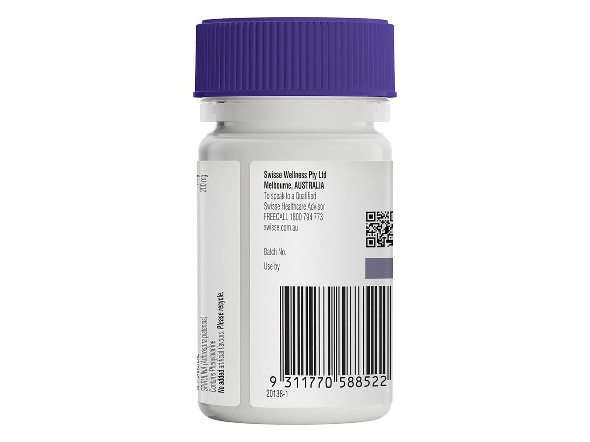 A white plastic supplement bottle with a purple cap, showing the back label with a barcode, QR code, and text for Swiss Wellness Pty Ltd.