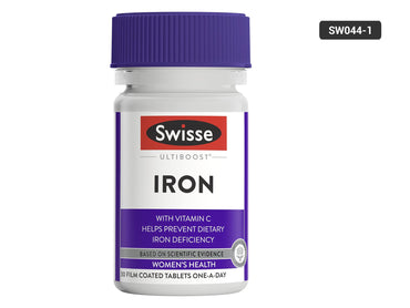 A bottle of Swisse UltiBoost Iron dietary supplement with a purple cap and a white label featuring purple and red sections, shown on a plain white background with a black swatch label in the top right.