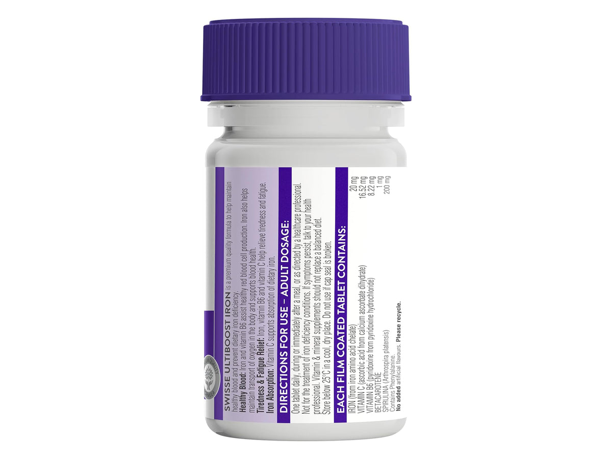 A white plastic bottle of Swanson Multivitamin with a purple ribbed cap, showing the back of the label with purple and black text on a white background.
