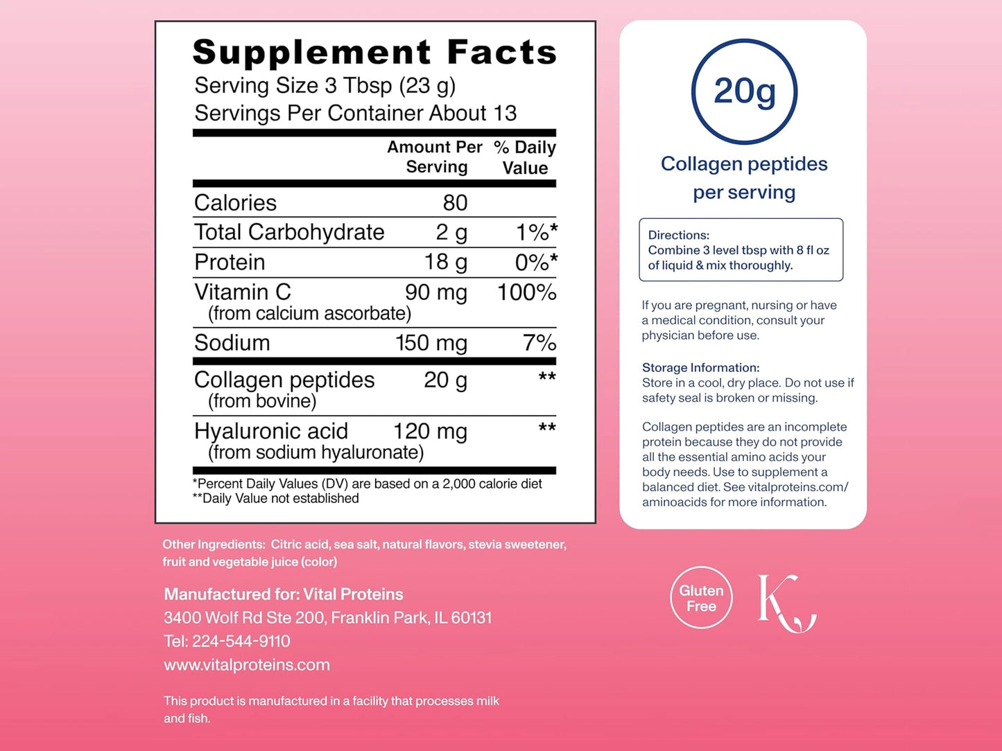 Vital Protein Collagen Peptides Advance Hyaluronic Acid + Vitamin C Strawberry Lemon 299g