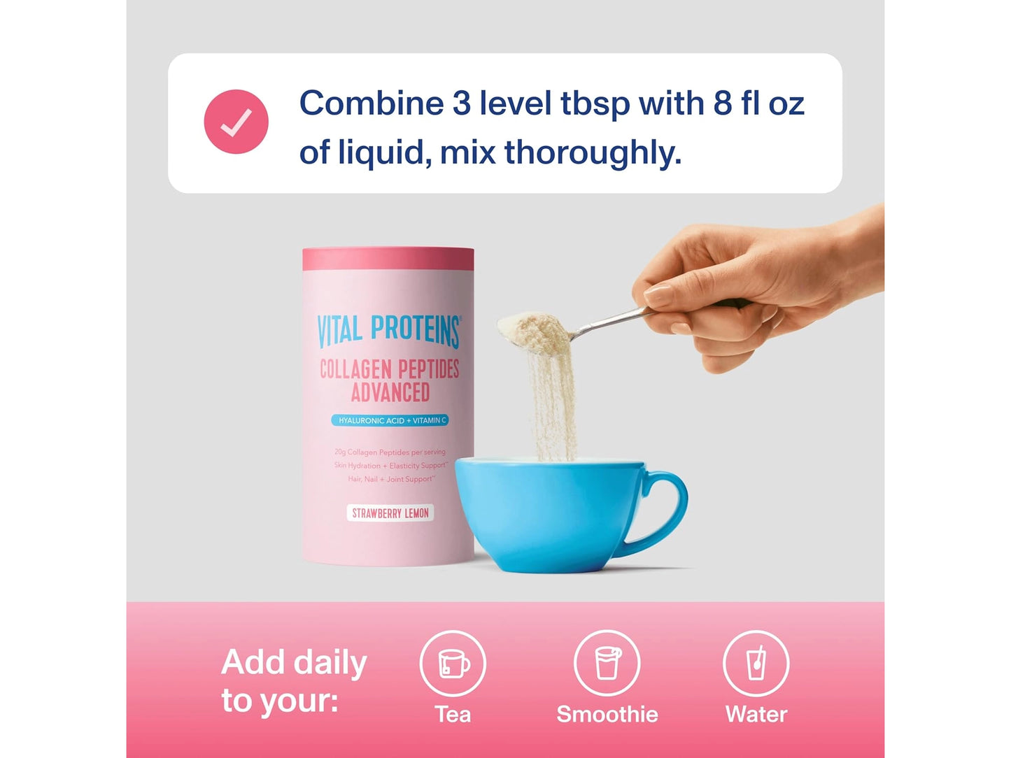 Vital Protein Collagen Peptides Advance Hyaluronic Acid + Vitamin C Strawberry Lemon 299g
