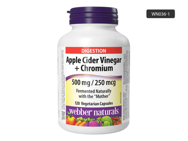 A white plastic bottle of Webber Naturals Apple Cider Vinegar + Chromium dietary supplement with a dark purple cap, shown on a plain white background with a black label code overlay in the top right.