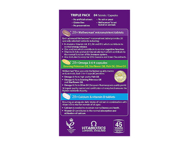 Wellwoman Vitabiotics Max 84 Tablets – a multivitamin that includes Omega-3, calcium and nutrients to help with energy, balance hormones and support women’s general health.