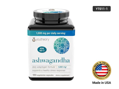 Youtheory Ashwagandha 1000mg 180 Vegetarian Capsules
