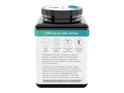 Youtheory Ashwagandha 1000mg 180 Vegetarian Capsules